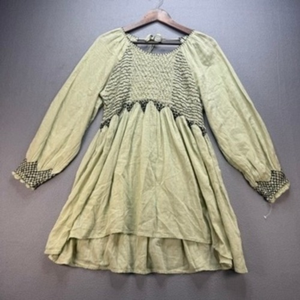 Free People Mini Dress Army Smocked Relaxed Size M Green Embroidered Long Sleeve